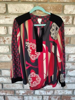 Chico's Colorful Asian Print Velvet Trim Popover V-Neck Top Sz 3 (XL) Career